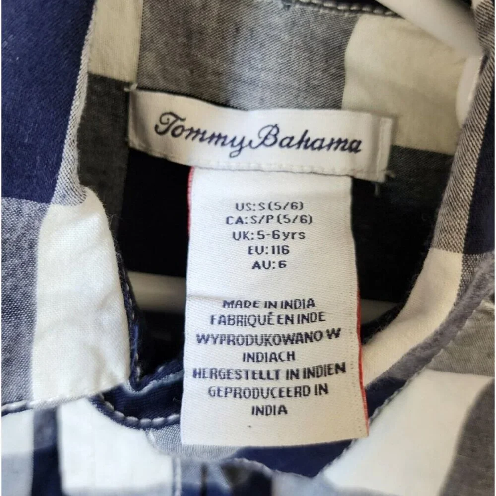 Tommy Bahama Navy‎ Blue Plaid Long Sleeve Button Up Shirt Youth Size Small 5/6
